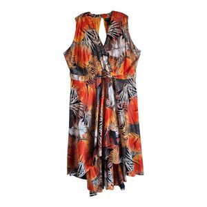 ASHLEY STEWART Women's Plus 26 Dress Midi Maxi Tropical Palms Sleeveless Cotton